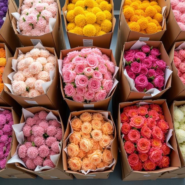 箱詰めされた大量の花束